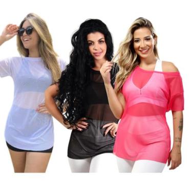 Imagem de Kit 3 Blusas Tule Academia Fitness Feminina Tela Transparente Camiseta