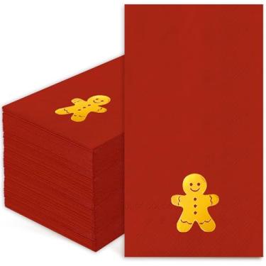 Imagem de JarThenaAMCS 100 guardanapos de Natal para convidados de Natal folha dourada vermelha homem de gengibre guardanapo de papel descartável toalha de guardanapo de mão para utensílios de mesa de Natal