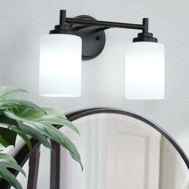 Imagem de Sheenkarion Luminárias de banheiro preto fosco, luz de banheiro com 2 luzes sobre espelho com sombra de vidro fosco branco, arandelas de parede de fazenda moderna para quarto, armário, cozinha, sala