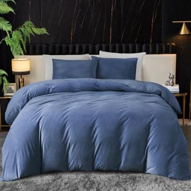 Imagem de Ivellow Capa de edredom de veludo, conjunto de edredom azul, 3 peças, capa ultramacia, respirável, lisa, de flanela, veludo, capa de edredom, fecho de zíper, gravata de canto