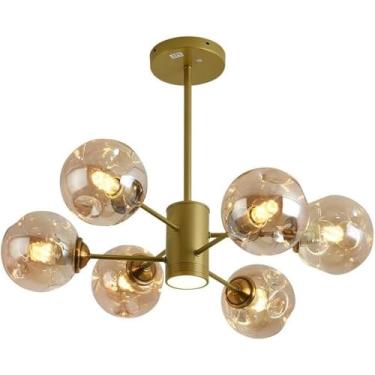 Imagem de Lustre de vidro dourado, lustre de teto com holofote LED, luminária pendente moderna em formato de bola preta e âmbar para sala de estar, sala de jantar, cozinha, quarto, 6 luzes âmbar