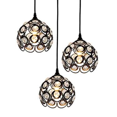 Imagem de Luminária pendente vintage de cristal para sala de jantar, luminária de mesa redonda com design moderno para estudo, escritório, quarto, sala de estar, cozinha, altura ajustável, 3 lâmpadas