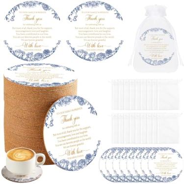 Imagem de 100 peças de lembrancinhas de casamento para convidados Porta-copos de cortiça para convidados Bases de flores azuis brancas a granel com sacos de organza recém-casados Obrigado por celebrar conosco