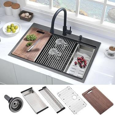 Imagem de Pia de cozinha preta de 63 cm - Hovheir 25 x 20 bronze preto bronze pia de aço inoxidável montagem superior pia de cozinha em calibre 16 R25 polegadas de profundidade pia de cozinha com tábua de corte