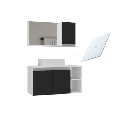 Imagem de Conjunto Gabinete Banheiro Virtus 80cm TAMPO VIDRO (gabinete + cuba + espelheira+ tampo vidro)(Branco/Preto)