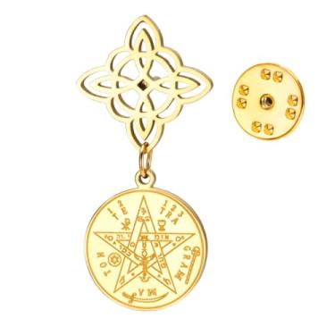Imagem de Dreamtimes Nó de bruxa e pentagrama de tetragrama broche alfinete de lapela duplo de proteção amuleto com símbolos espirituais para mulheres, M, aço inoxidável
