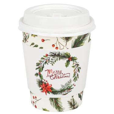 Imagem de Elyxio 50 peças de copos de café descartáveis de frutas e pinheiros Christmas To Go Copos de café de papel com tampas e mangas 227 g Copos de papel verde verde verde para festas de Natal e inverno