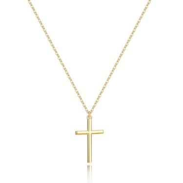 Imagem de Inerney Colar feminino com cruz delicada, banhado a ouro 14 K, banhado a prata Samll com pingente de cruz lateral, simples, moderno, batismo, religiosa, fé cristã, joias presentes para Páscoa e Natal