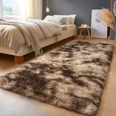 Imagem de Isdook Tapetes felpudos felpudos, tapetes de pelúcia para sala de estar, berçário, decoração de casa, tie-dyed, marrom, antiderrapante, retangular, felpudo, 6 pés
