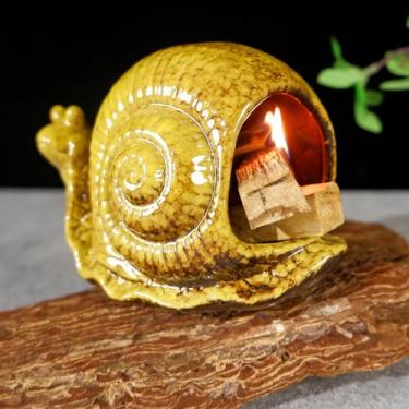 Imagem de MOUGIGI Porta-caracol Palo Santo de cerâmica amarela feito à mão – Mini queimador de incenso de lareira para sálvia, palitos de madeira, cones e velas de chá – Tigela aromática exclusiva para