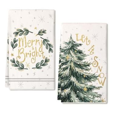 Imagem de ARKENY Conjunto de 2 toalhas de cozinha de árvore de Natal verde, Merry Bright Star, floco de neve de Natal, 45,7 x 66 cm, pano de prato de secagem de casa nobel de fazenda AD403
