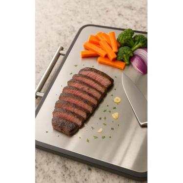 Imagem de Tábua de Corte Dupla Face Superfície em Bambu e Inox para Carnes e Legumes com Alça