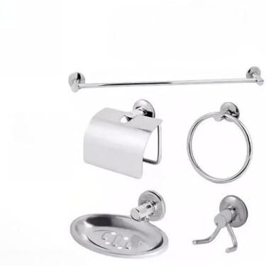 Imagem de Kit Banheiro Aço Inox 5 Peças - Conjunto Completo para Organização com Porta Toalhas e Papeleira