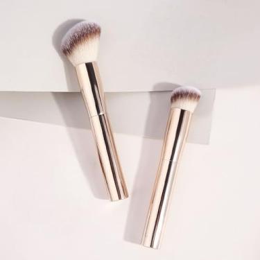 Imagem de Conjunto de pincéis de contorno de base, 2 peças de pincéis Kabuki sintéticos angulados para configuração de mistura, polimento com líquido, creme e cosméticos em pó, dourado