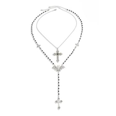 Imagem de Colar com pingente de cruz vintage, multicamadas, contas de pérola, gótico, vampiro, morcego, cruz dupla, Y Lariat, joia grossa com cruz Y2K, material para mulheres e homens, one size, Metal, Sem