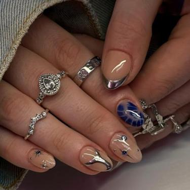 Imagem de Unhas postiças curtas de amêndoa francesa, cola falsa com design simples de estrela, strass, cobertura total, bastão falso artificial em unhas de acrílico para mulheres, 24 peças