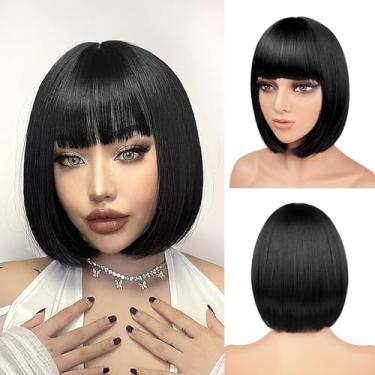 Imagem de BATISI Peruca feminina preta bob curta franja reta lisa sintética fantasia de Halloween cosplay festa diária peruca neon 30,5 cm