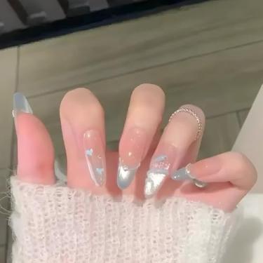 Imagem de Pregos postiços médios longos de amêndoa francesa azul claro com design de olho de gato, cobertura completa, cola em bastão falso artificial em unhas de acrílico para mulheres, casamento, 24 peças