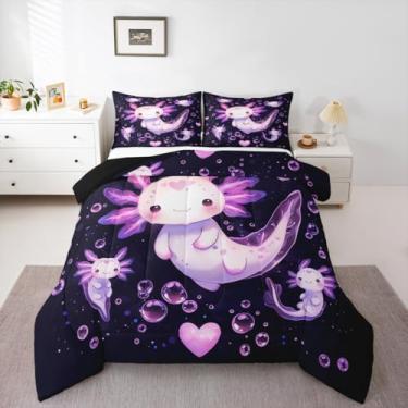 Imagem de Feelyou Conjunto de edredom fofo Kawaii Axolotl, solteiro, desenho animado, salamandra, oceano, vida marinha para crianças, meninos, meninas, roxo, rosa, edredom para decoração de quarto de microfibra