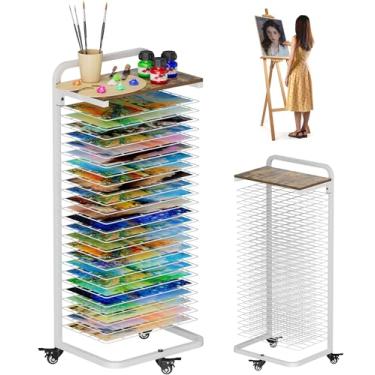 Imagem de mocomax Suporte de secagem de arte com placa superior, suporte de secagem de pintura móvel com 25 prateleiras removíveis, rack de armazenamento de tela de arte funcional com rodas bloqueáveis para