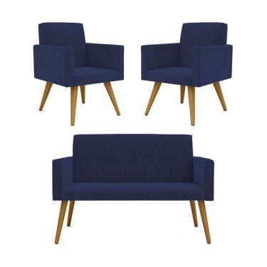 Imagem de Kit Namoradeira + 2 Poltronas Decorativas Sala azul Marinho