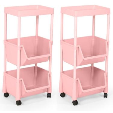 Imagem de Kit 2 Carrinho Multiuso Prático 3 Prateleiras Em Plástico  Rodízio  Rosa