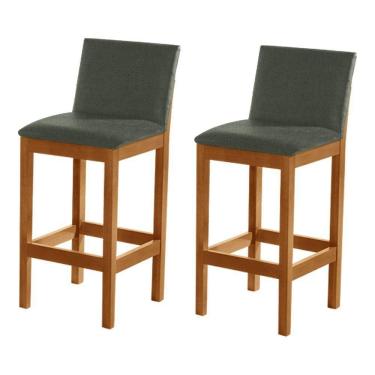 Imagem de Kit 2 Banquetas Alta Pérola Com Encosto Estofada Em Linho Chumbo Madeira Maciça Castanho