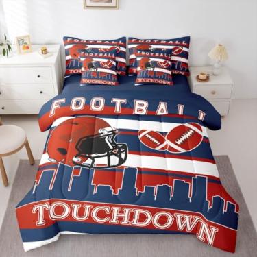 Imagem de Jogo de cama infantil Football City (Denver), conjunto de cama com 7 peças, jogo de rúgbi azul e vermelho com elástico, lençol de cima, fronha, fronha, tamanho Queen