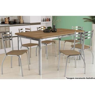 Imagem de Mesa De Sala Jantar Reno C- Tampo Madeira 160cm + 6 Cadeiras Portugal Cromada - Assento Capuccino 31 - Kappesberg