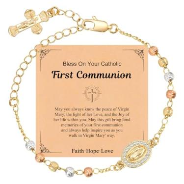 Imagem de Pulseira feminina com contas de rosário de ouro - Pulseiras de cruz de Virgem Maria Jesus banhadas a ouro 14K, joia de elo com pingente de crucifixo católico, presente religioso delicado da Virgem de