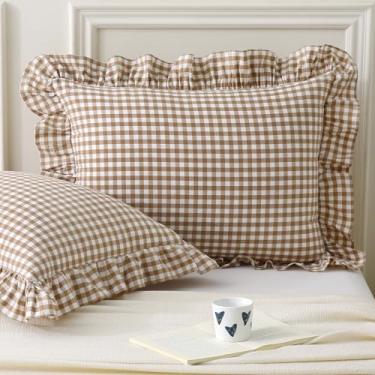 Imagem de Aryeleay Pacote com 2 fronhas de travesseiro xadrez branco acastanhado com babados tamanho king, 100% algodão lavado, capas de almofada quadriculadas para cama/sofá - 50 x 91 cm