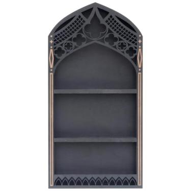 Imagem de Prateleira gótica de madeira com design de 4 folhas, suporte preto e dourado para exibição decorativa, ideal para itens pequenos e garrafas