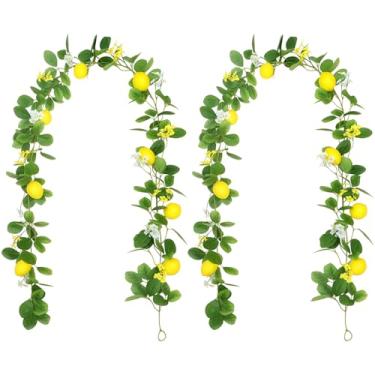 Imagem de Decoração com tema de primavera, ramo de limão artificial de 200 cm de comprimento, flores de seda com limões, folhas verdes e videiras, adereço de entrada para sala de estar em casa