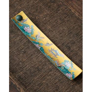 Imagem de TEAVOR Suporte de incenso chinês com apanhador de cinzas - Queimador de incenso de cerâmica com pintura antiga, para meditação zen, decoração de casa e presente