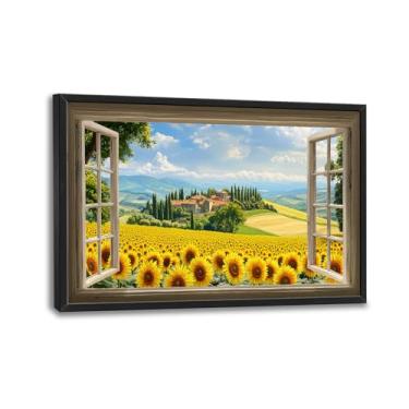 Imagem de Arte de parede de girassol, decoração de parede com imagens italianas, pintura de impressão em tela de flores de janela, arte emoldurada grande moderna para sala de estar, escritório, quarto, corredor