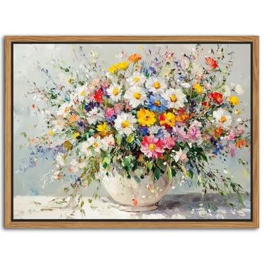 Imagem de Arte de parede em tela com moldura flutuante, decoração de parede vintage em aquarela floral, impressão de pôster de flores silvestres coloridas, para sala de estar, banheiro, sala de jantar, 20,3 x