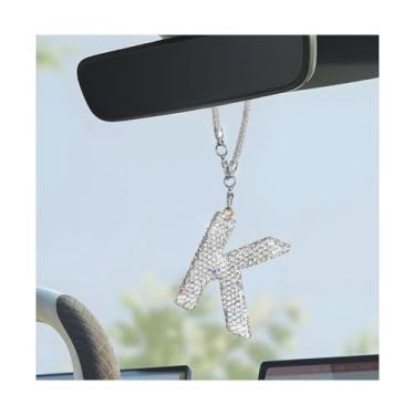 Imagem de MUQIDA Enfeite de espelho retrovisor de carro com inicial brilhante, pingente de cristal, decoração de espelho automotivo pingente de carta da sorte, decoração de strass cintilante, acessórios fofos