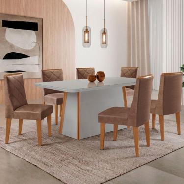 Imagem de Mesa De Jantar Diane 180cm Tampo Mdf Vidro 6 Cadeiras Isadora Moderna Tork Serigrafia Off White