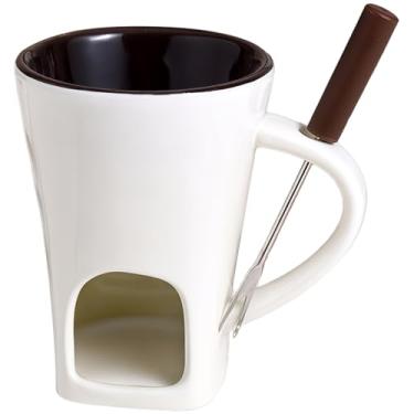 Imagem de Caneca de fondue de cerâmica de chocolate branco 130.1 g (130 ml), mini pote e garfo, vela aquecida, derrete chocolate, queijo, molhos