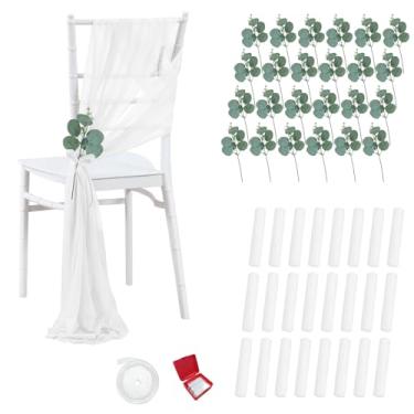 Imagem de Gainspra Conjunto de 24 decorações de cadeira de corredor de casamento para casamento: faixas de cadeira com fita e haste de eucalipto artificial corredor de casamento para decoração de igreja de
