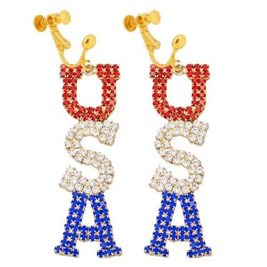Imagem de Brincos patrióticos de 4 de julho, brincos com clipe de bandeira americana, brincos pendentes do Dia da Independência, não perfurados, joias modernas para mulheres, vermelho, branco, azul, Zinco, Sem