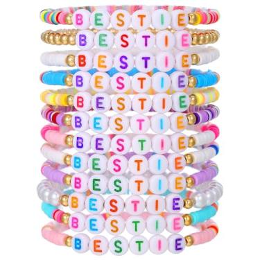 Imagem de Fuqimanman2020 Conjunto de pulseiras elásticas coloridas da amizade para mulheres BESTIE Rainbow Heishi Surfer Clay Beaded Elastic Layering Best Friend Jewelry, Medium, Esmalte acrílico de zinco, Sem