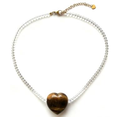 Imagem de MEVOME Colar com pingente de coração grosso com contas de pedra natural, banhado a ouro 18K, pedra preciosa, pêssego, coração, gargantilha feminina, joia para presente de aniversário, Natal, Ano Novo