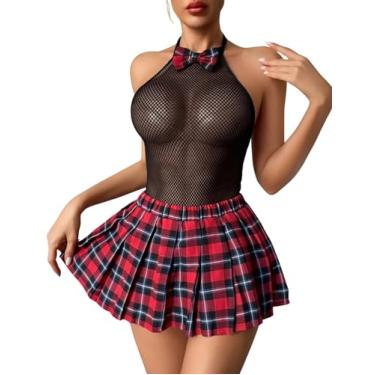 Imagem de Avidlove Conjunto de lingerie feminina de escola, conjunto de lingerie sexy para estudantes, body e minissaia, Vermelho, azul, M