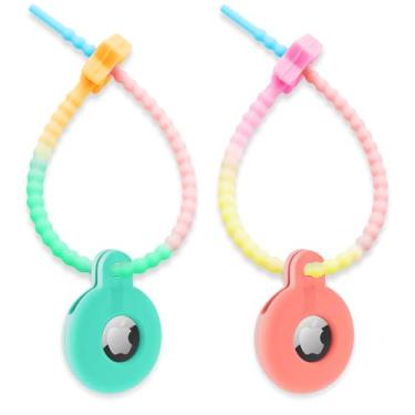 Imagem de Pacote com 2 lindos suportes para airtag de silicone – cores pastel macias, ajuste seguro e design leve para transporte diário (rosa e azul)