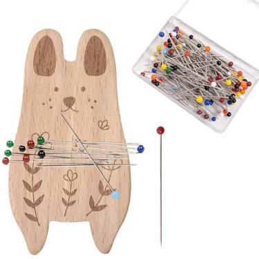 Imagem de Almofada magnética com 100 pinos - Suporte de pino de madeira em forma de animal para costura, acolchoamento, artesanato e clipe de papel (cor coelho)