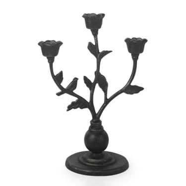 Imagem de DreamsEden Candelabro rosa vintage - Suporte de vela de ferro fundido de 3 braços para velas cônicas de 1,27 cm, peça central de flores rústicas para decoração de casamento, festa, casa e lareira