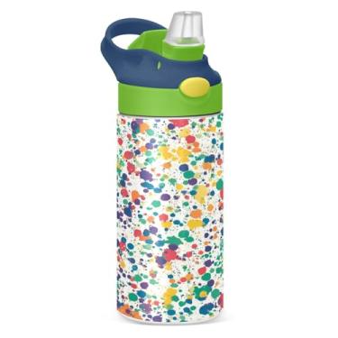 Imagem de Blueangle Garrafa de água isolada de aço inoxidável com respingos de tinta colorida de 350 ml com tampa de canudo - Garrafa esportiva reutilizável à prova de vazamento para viagens, ao ar livre (384)