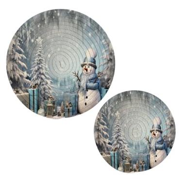 Imagem de Blueangle 2 peças de suporte de panela de trivet de boneco de neve de Natal - conjunto de pegadores de panela de tecido redondo - almofadas quentes trançadas de algodão - porta-copos - tapetes de mesa