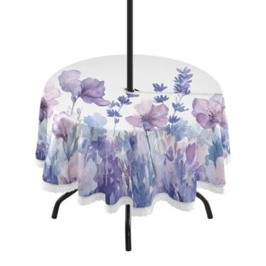 Imagem de Blueangle Toalha de mesa redonda impermeável com flor de lavanda de 152 cm com orifício para guarda-chuva - Tecido resistente à prova de sol para todos os climas para pátio, acampamento, piquenique(79